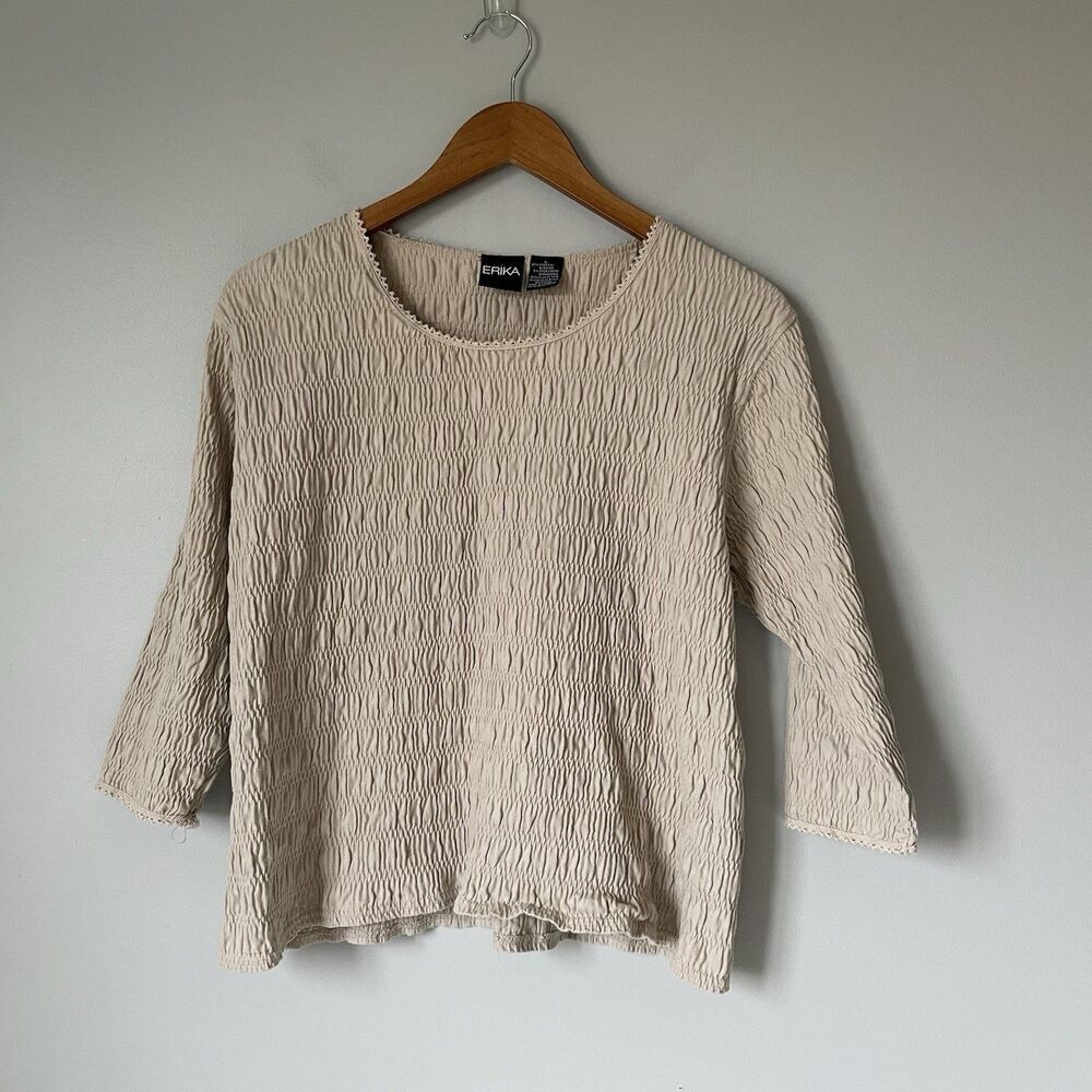 Vintage Erika Ruche Top Blouse 3/4 Sleeve Tan Beige Women's Size Large